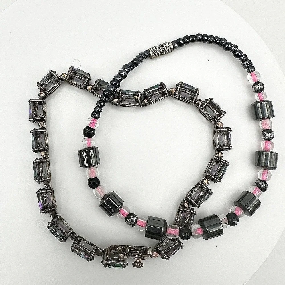Vintage 90's Black & Pink Hematite Magnetic‎ Necklace & Wrap Bracelet Set Retro